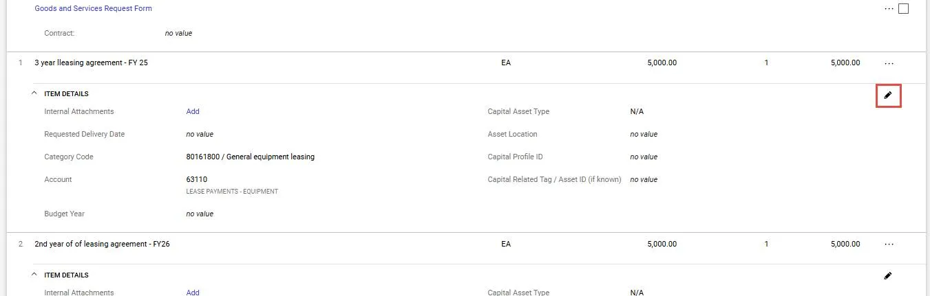 Navigate to Line 1 of your Requisition and click the Edit Line Item Details icon.