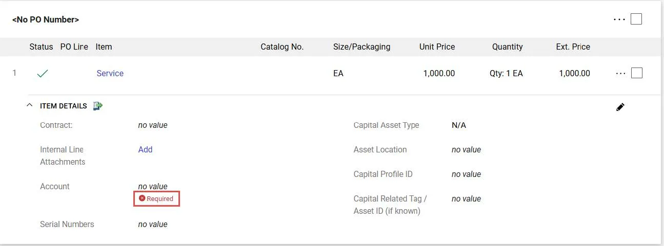 The Item Details appear and the Account field appears as required.