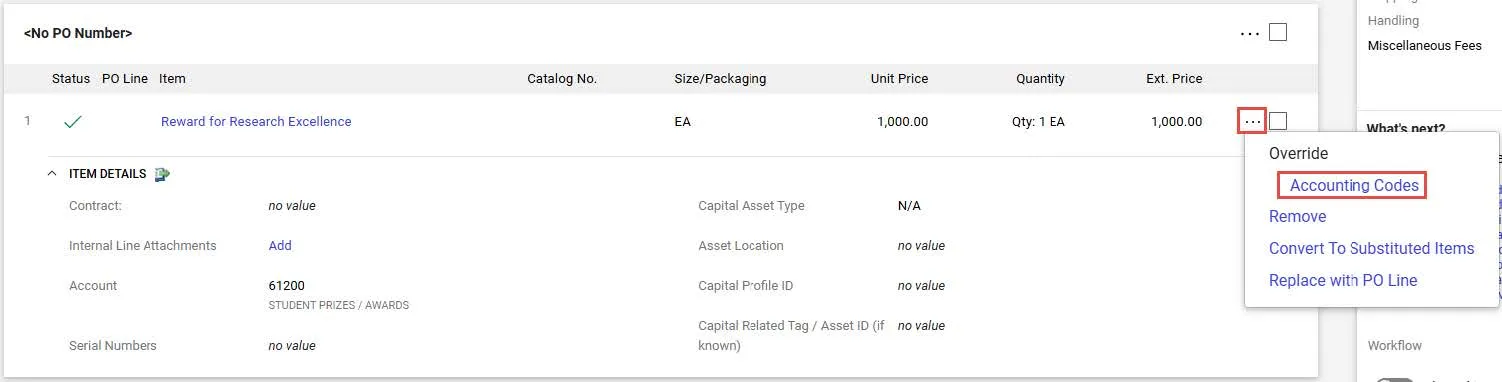 Click the Actions button to the right of the Line detail and select Accounting Codes.