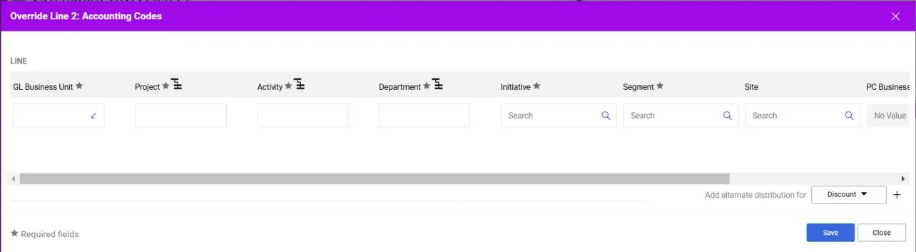 Click the Plus icon to Add alternate distribution for Line. The fields appear ready to populate.