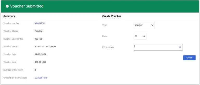 The Voucher Submitted confirmation screen appears.