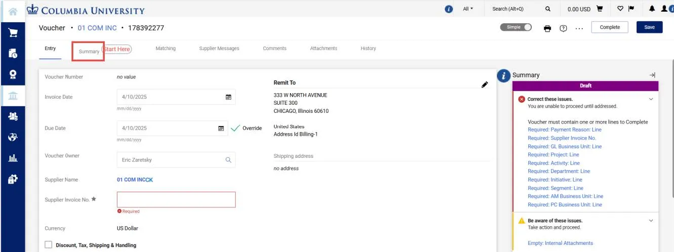 The Voucher Entry screen appears with the Summary pane indicating the required fields.