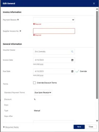 The Edit General window appears where you can enter the required Payment Type and the Supplier Invoice No