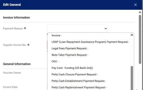Select the Payment Reason from the dropdown.
