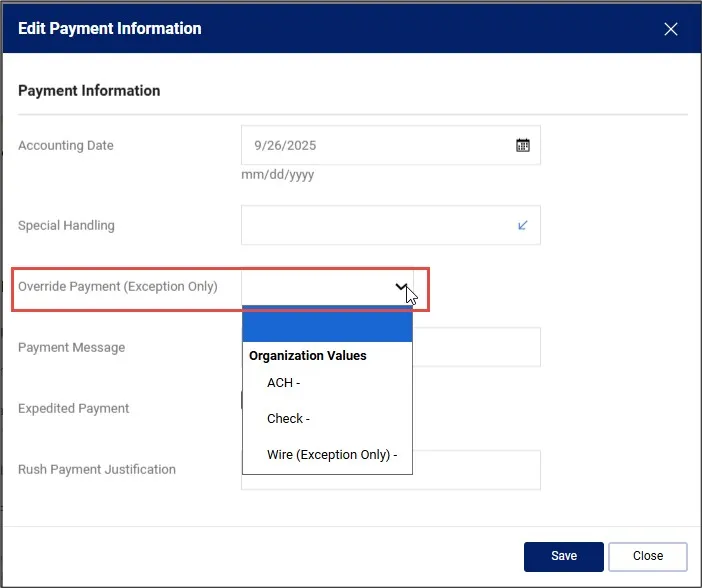 Edit Payment Information window