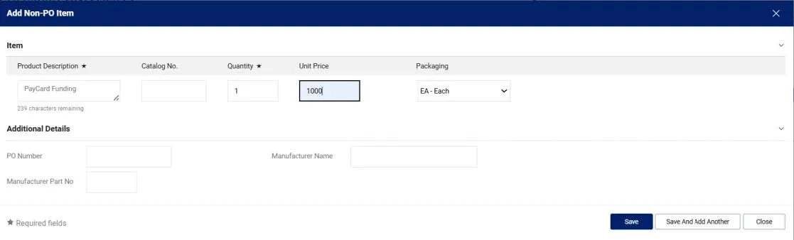 The Add Non-PO Item window appears.