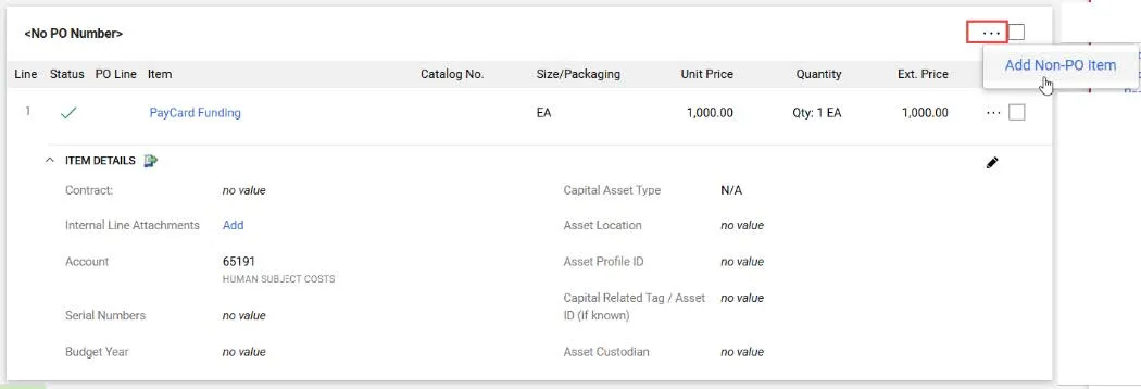 Click the Actions link at the top right of the Line section and select Add Non-PO Item. 