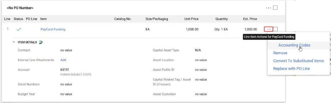 Click the Actions button to the right of the Line detail and select Accounting Codes. 