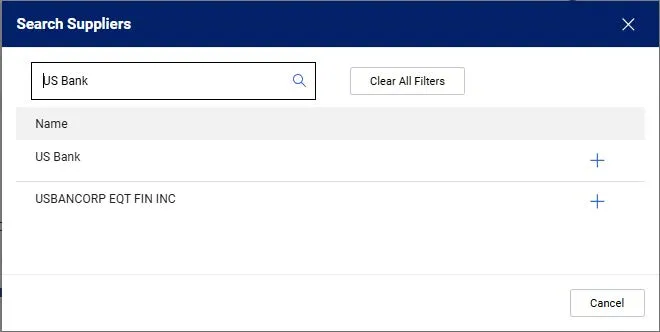 Example of the supplier name field. User entered "US Bank."