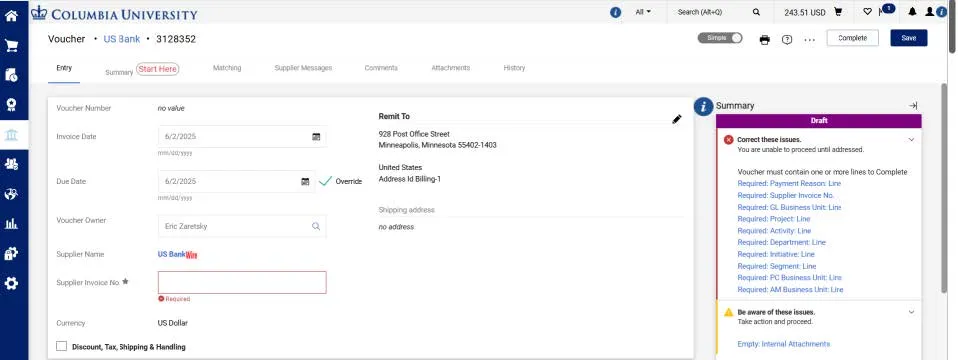 The Voucher Entry screen appears with the Summary pane indicating the required fields.
