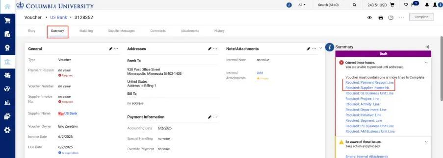 Navigate to the Summary tab to begin completing the required information.