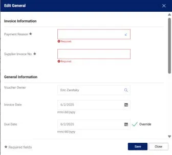 The Edit General window appears where you can enter the required Payment Reason and the Supplier Invoice No.