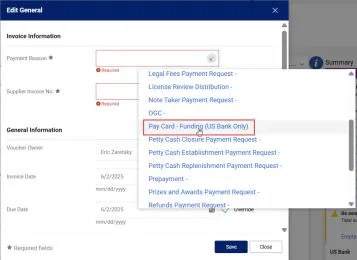 Select Pay Card – Funding (US Bank Only) from the Payment Reason dropdown.