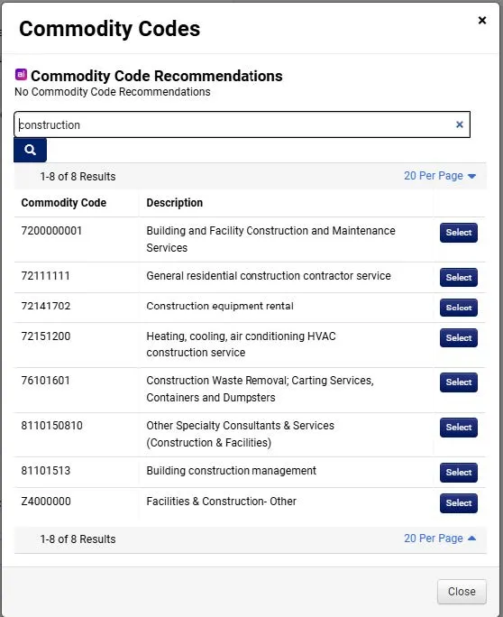 Commodity Codes window. 