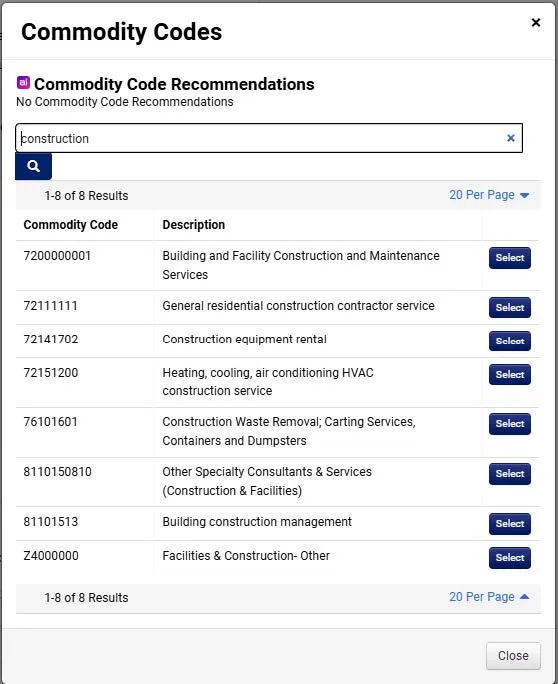 Commodity Codes window. 