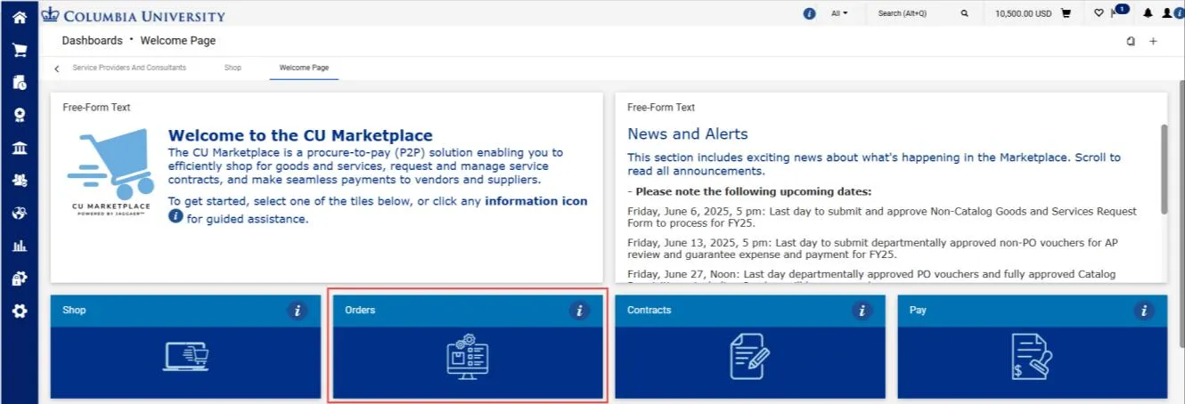 CU Marketplace homepage dashboard with the orders tile highlighted. 
