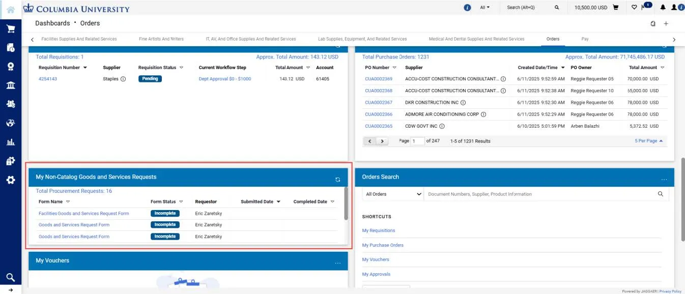 The Orders Dashboard with the My Non-Catalog Goods and Services Request block highlighted. 