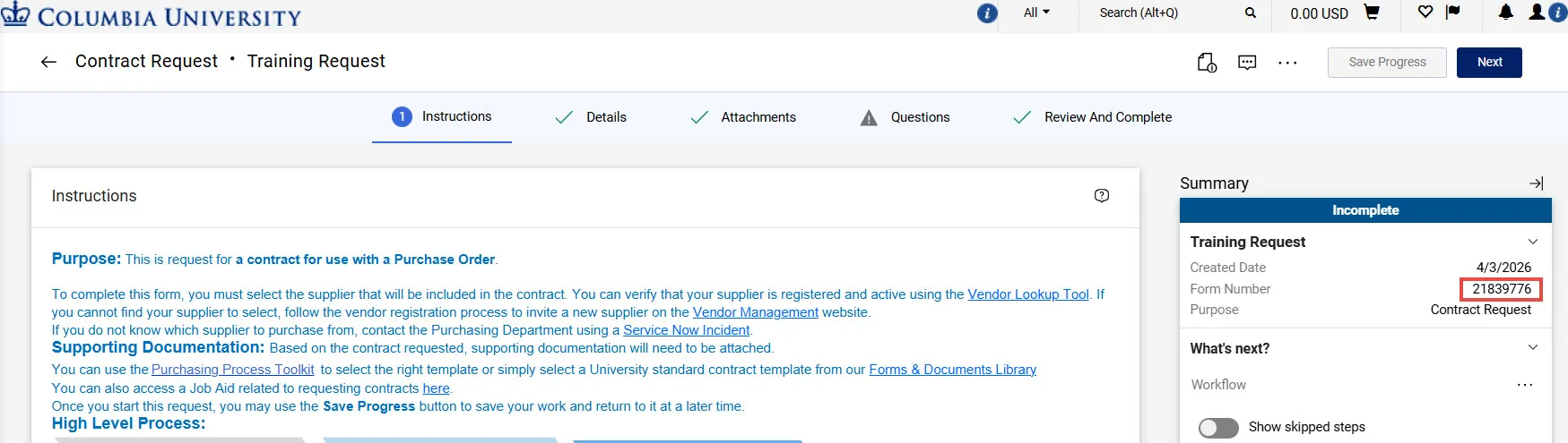 Contract Request Form and Contract Request Number