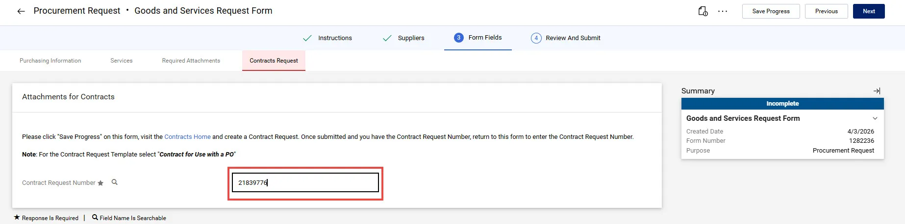 Contract Request Number pasted