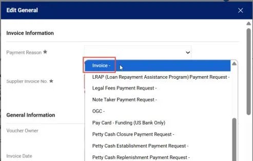 Select Invoice from the Payment Reason dropdown.