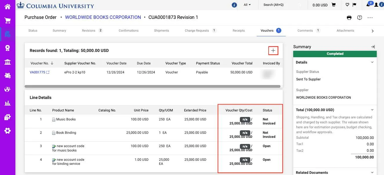 Open the Purchase Order and click the Vouchers tab as instructed in the Creating a Voucher Directly from a Purchase Order section of this guide to view Voucher information and Line Details showing the Voucher Qty/Cost applied to the Purchase Order Line(s). 