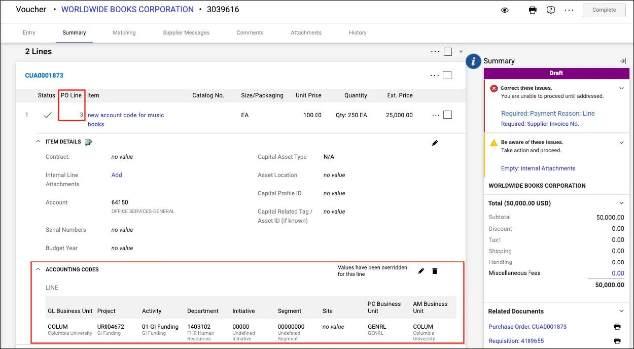 Scroll down further to see the new PO Lines available to voucher against and the new Accounting Codes associated with the line as a result of the Financial Change Request. 