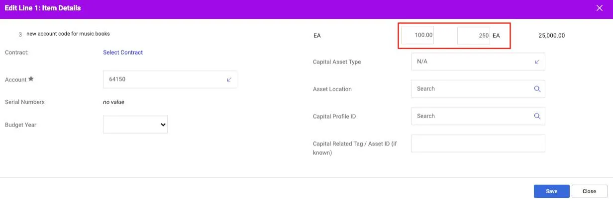 The Override Line: Accounting Codes window appears. 