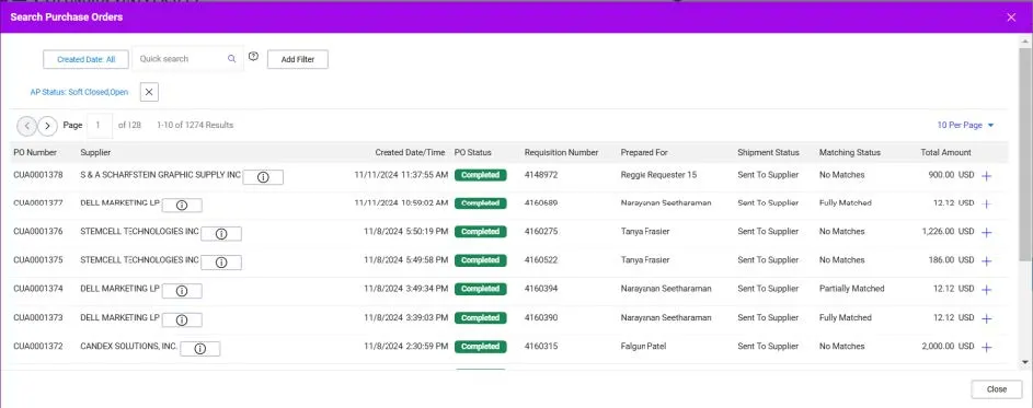 You can click the Search icon to search and select the Purchase Order.