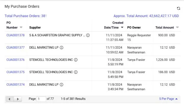 Select the Orders tile and view the My Purchase Orders section to see your list of Purchase Orders.