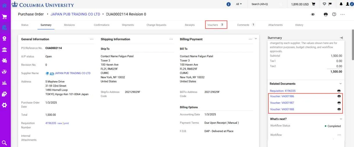 The Purchase Order page appears.