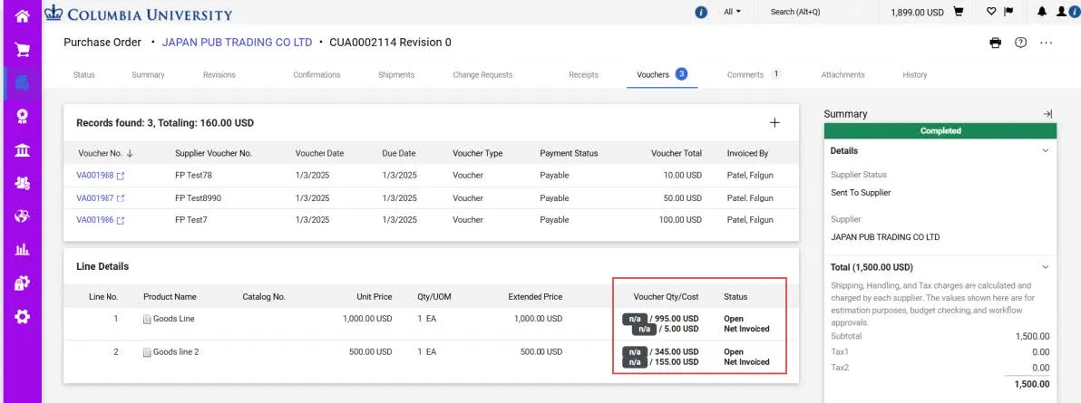 Click the Vouchers tab to view Voucher information and Line Details showing the Voucher Qty/Cost applied to the Purchase Order Line(s). 