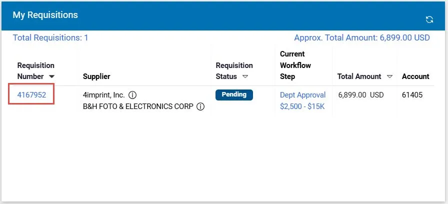 To access your Requisitions, scroll to the My Requisitions section and click the Requisition Number of the Requisition you want to view.