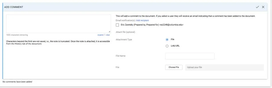 Type your Comment. Optionally, you can attach a file or add a link/URL.