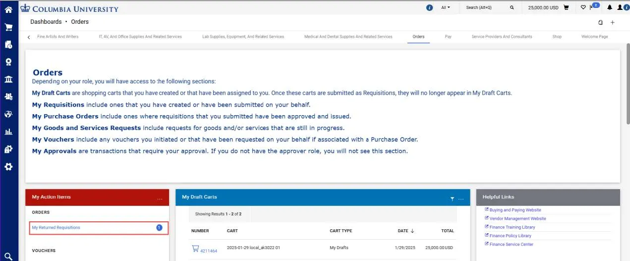 Click the My Returned Requisition link in the My Action Items section of the CU Marketplace Welcome Page.