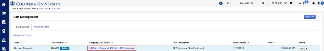 The Cart Management page appears.