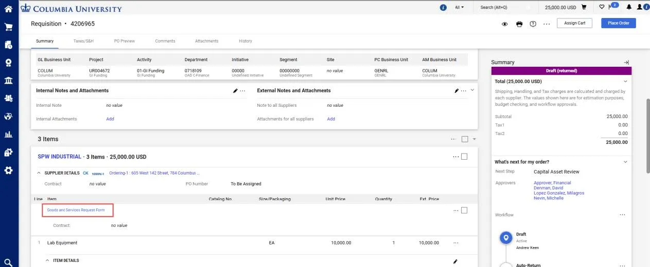 Click the Shopping Cart Name to open the Requisition.