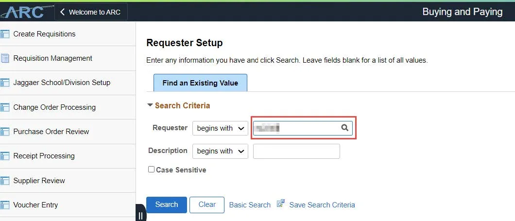 The Requester Setup appears with the Find an Existing Value tab.