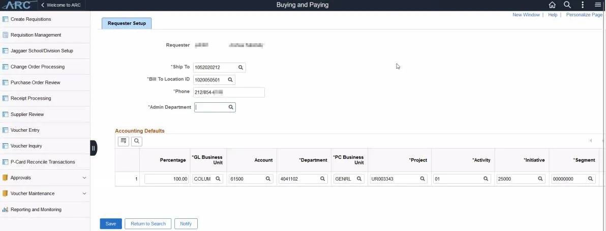 Click the Search button. The Requester Setup information appears.