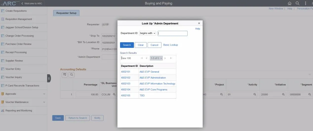 The Lookup dialog box appears with available options.