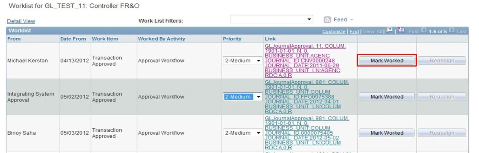 To remove an item that you have already worked on from the Worklist, click on the ‘Mark Worked’ button: