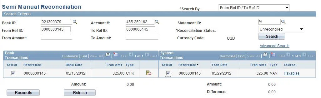 Check the boxes associated with the Bank Transaction and the System Transaction that have the same Payment Reference and click “Reconcile”.