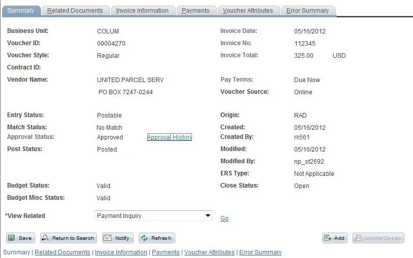 Click on the Invoice Information Tab to gather information about the voucher. 
