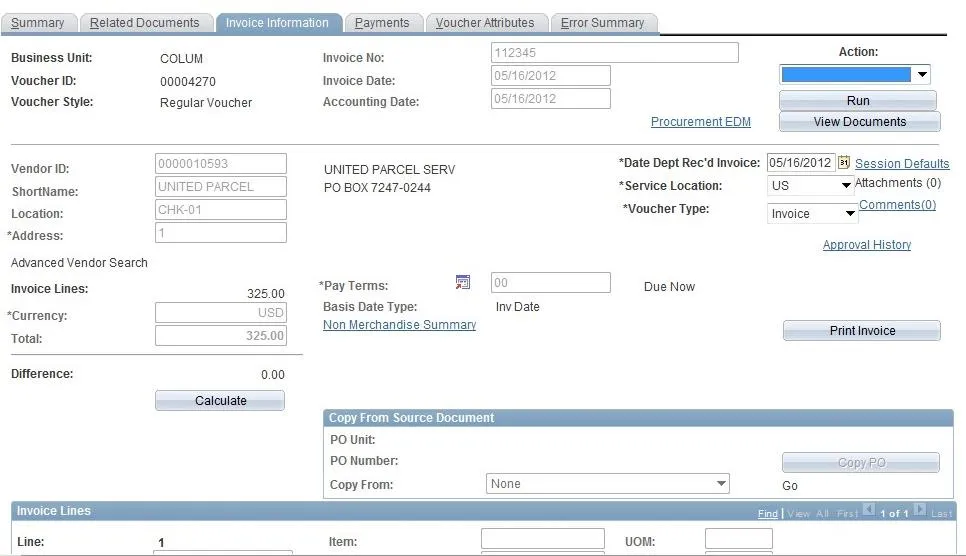 Notice the Invoice Number and Vendor Information for the Voucher because you will need to enter all of this information on a new voucher.