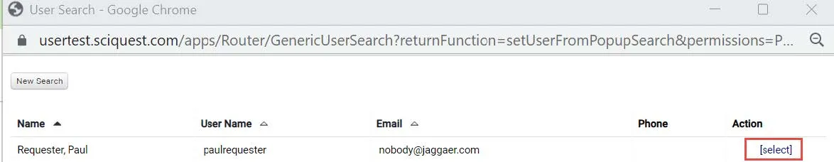 User search window results