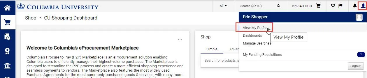 CU Marketplace Shopping Dashboard with the View My Profile link highlighted
