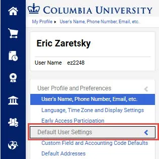 User profile and preferences drop down menu in the CU Marketplace