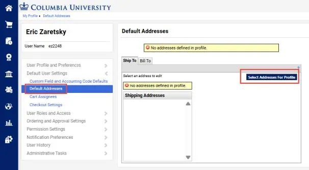 Default addresses window