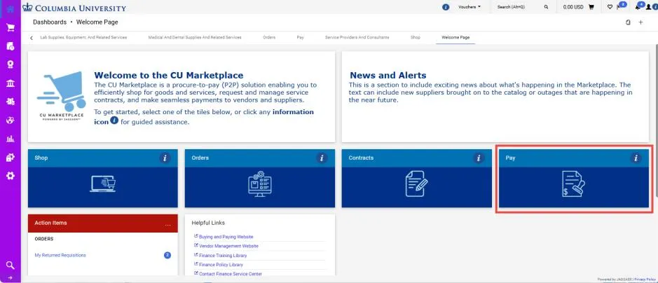 CU Marketplace dashboard. 