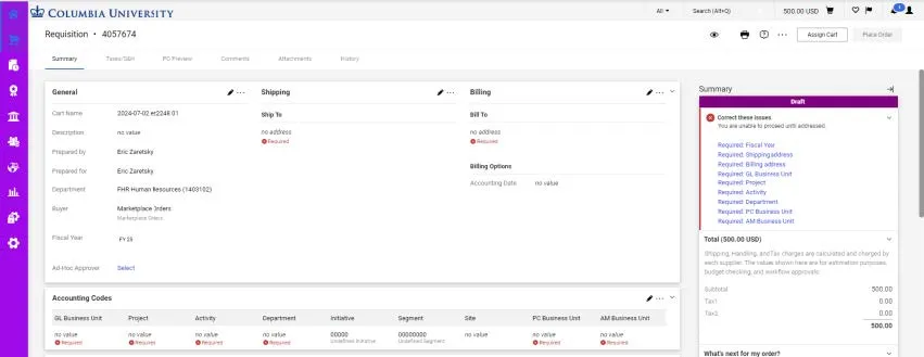 The Checkout screen appears displaying the Requisition.