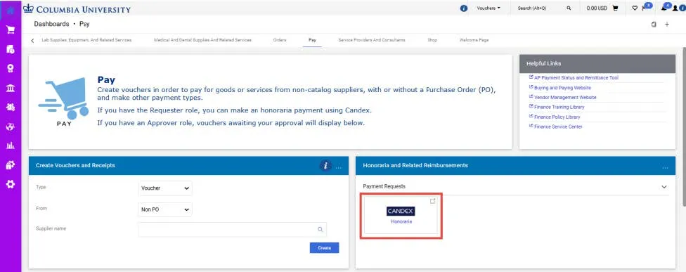 In the Honoraria and Related Reimbursement section, click the Candex tile.